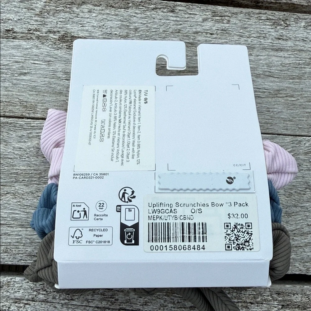 Lululemon Uplifting Bow Scrunchie 3 Pack Pink Blue Gray NWT